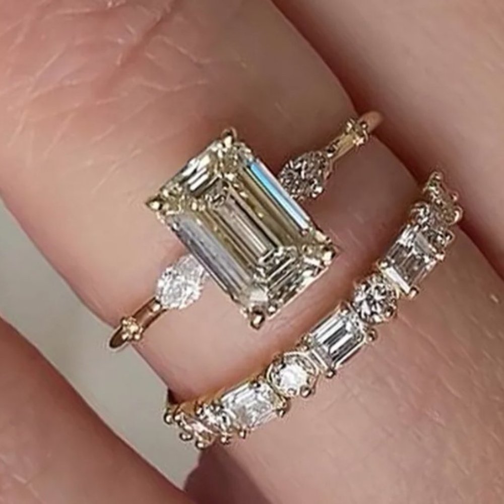 Exquisite Yellow Gold Emerald Cut Three Stone Wedding Set For Women In Sterling